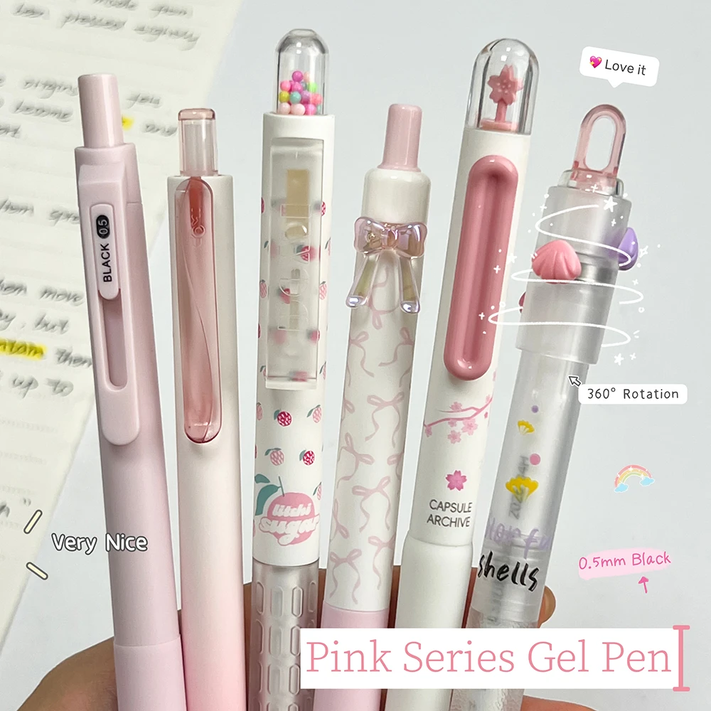 6 Pcs Fun Pink Series Gel Pen Set 0.5mm Creative Black Quick Dry Pens Bow Flowers Candy Ocean Style Writing Pens