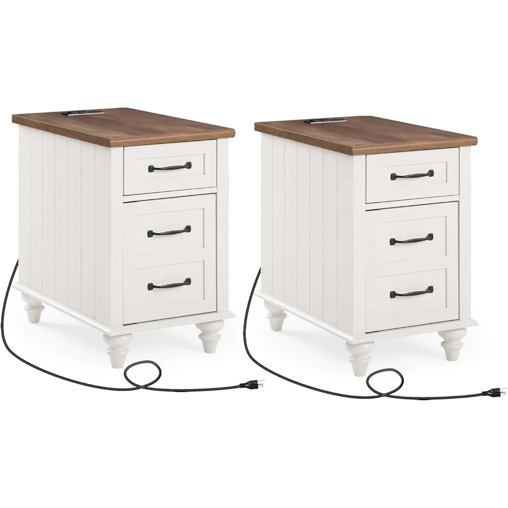 2 Pack White End Tables with Charging Station, Wood Sofa Side Table with Drawer and Storage Cabinet