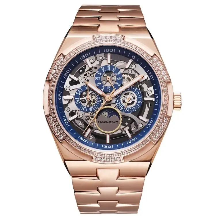HANBORO Men Automatic Watch 42mm Mechanical Wristwatch Sapphire Mirror Waterproof Luminous Muliti-Dial Month Week Date Night-Day