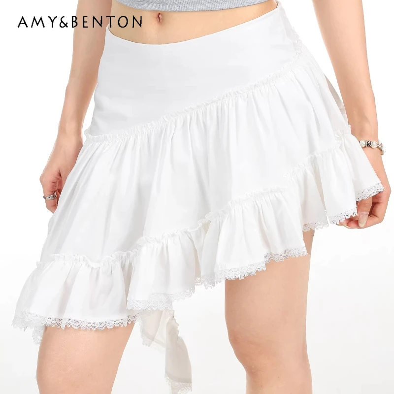 

Корейская дизайнерская белая юбка с кружевной отделкой для женщин, лето 2026, новая коллекция, милая, стильная, в стиле Y2K, асимметричная, пышная, короткая юбка-кейк для дам