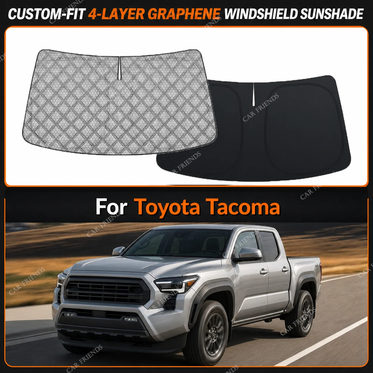 For Toyota Tacoma Custom-Fit 4-Layer Graphene Windshield Sunshade Reflective Gray-Silver Surface Helps Reduce Direct Sunlight
