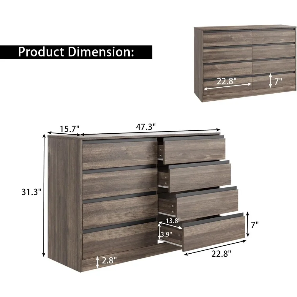 Stylish Walnut Dresser for Bedroom - 8 Drawer Wooden Chest of Drawers