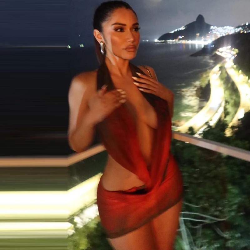 Sexy Halter Backless Cut Out Mini Dress Women Sleevless Mesh Printed Sundress 2023 Summer Beach Vacation Fairy Y2K Clothes