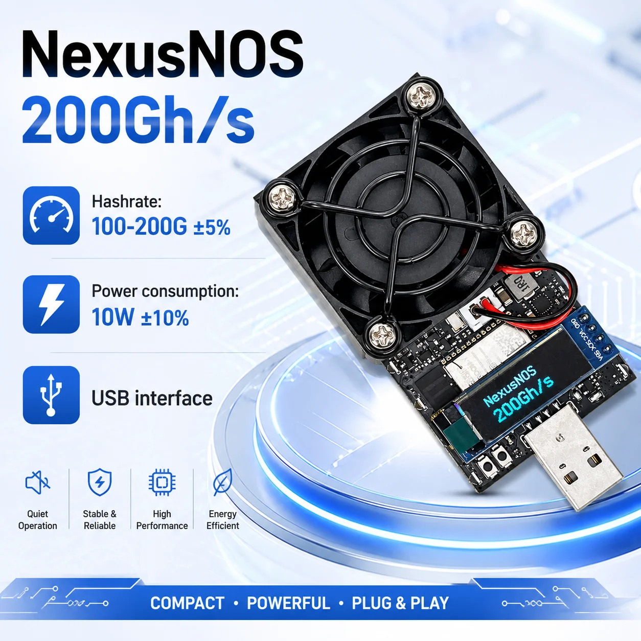 

100-200GH/s USB Nexusnos Miner Bitcoin Miner BTC Solo Miner 10W Low Power with Display Screen Cooling Fan Bitcoin Mining Device