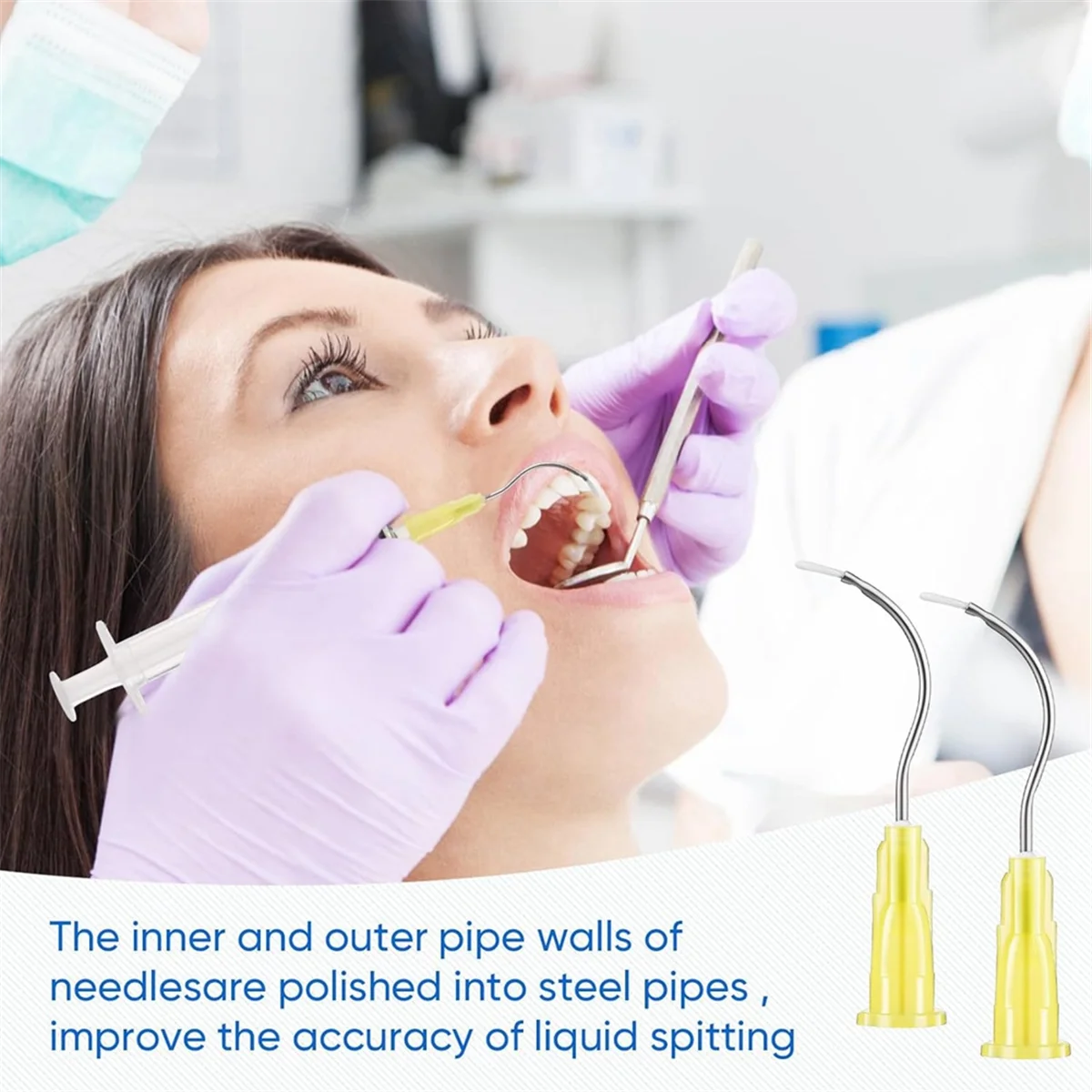 100 szt. Wstępnie wygięta igła dozująca 19G wygięte końcówki dozujące z końcówką szczoteczki końcówki strzykawek dentystycznych