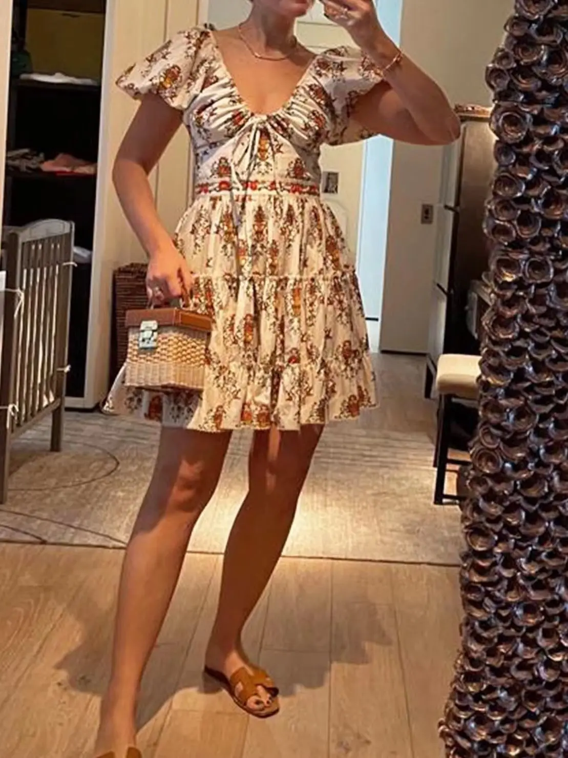 Floral Print Women Beach Style Dress Pure Cotton Drawstring V-Neck Puff Sleeve High Waist Elegant Mini Robe