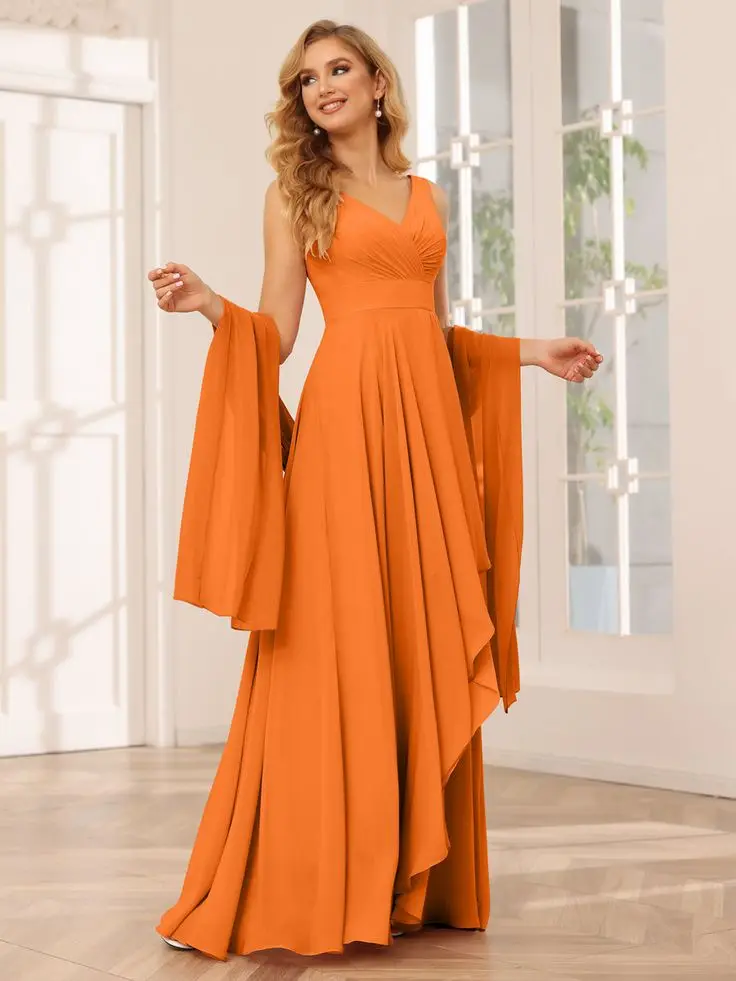 High Low Bridesmaid Dresses with Shawl Wraps Online Orange V-Neck A-Line Chiffon 2024