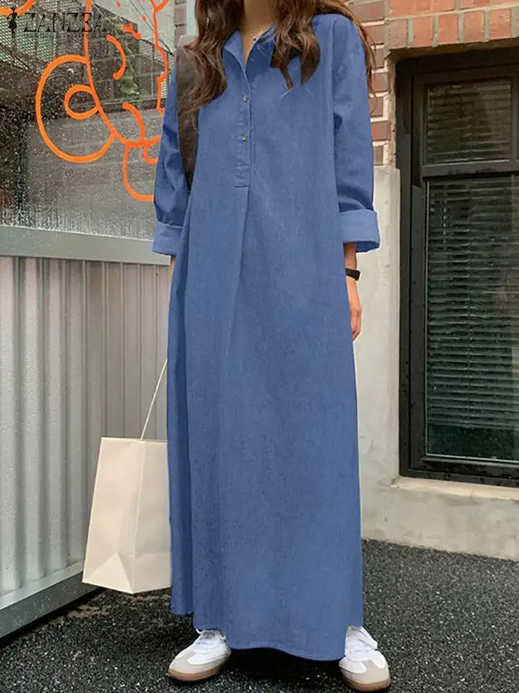 ZANZEA Fashion Spring Lapel Neck Long Sleeve Solid Shirt Dress Casual Loose Vestido Women Denim Blue Long Sundress Robe Femme