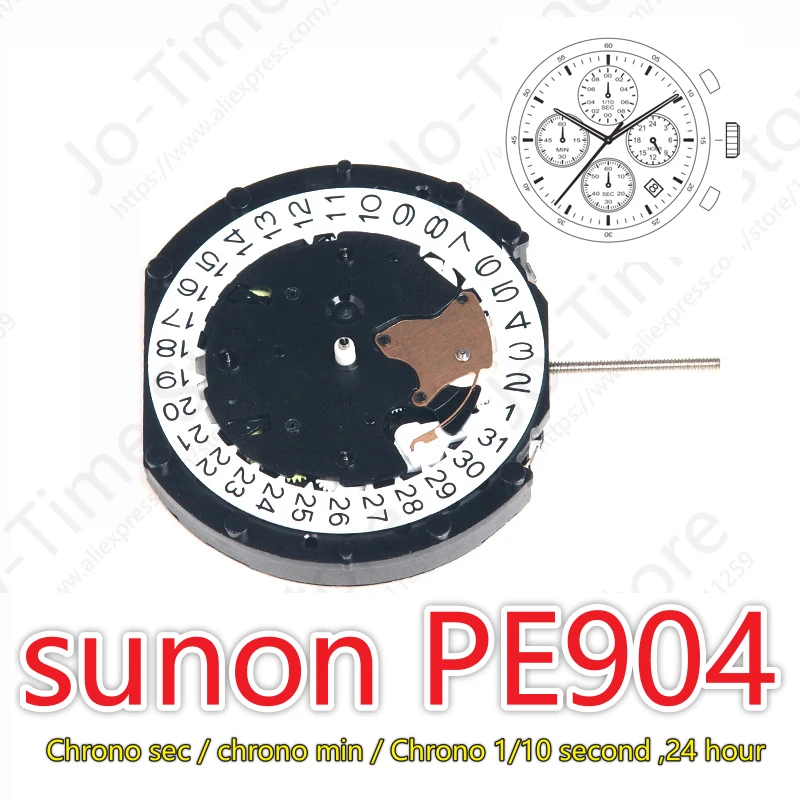 Sunon PE604 Quartz Watch Movement - China Made Sweep Second Chronograph with Center Second Chrono Min Day Date And 24 Hour