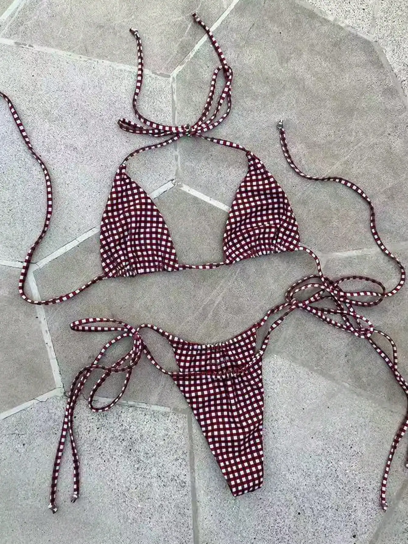 

Комплект бикини с завязками из ткани в клетку глубокого красного и белого цветов для женщин, пляжный купальник для отпуска