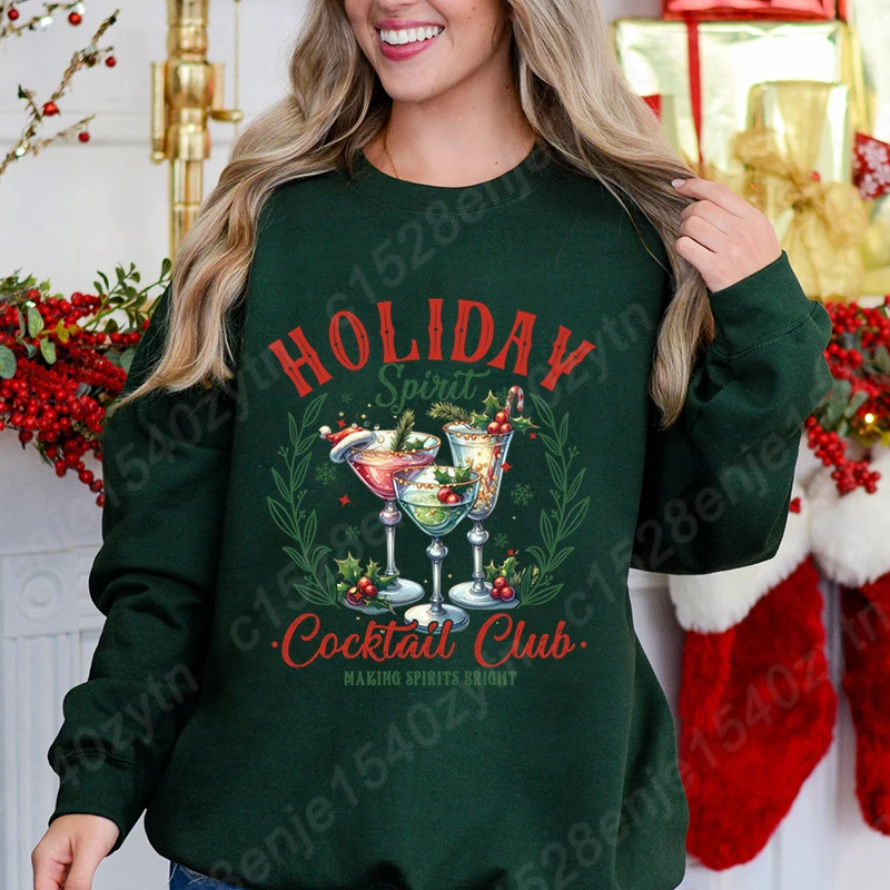 Christmas Holiday Spirit Cocktail Club Sweatshirts Autumn Winter Women Fashion Sweatshirts Casual Long Sleeve Hoodless Pullovers