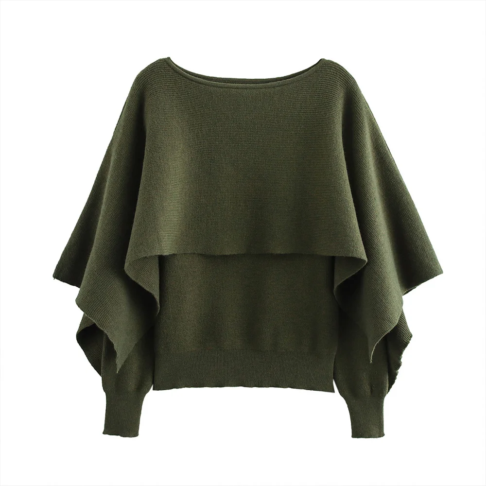 Easy Match Green Color Round Neck Long Sleeves Cape Style Women Solid Knit Pullover Sweater ZATAF 2024 New