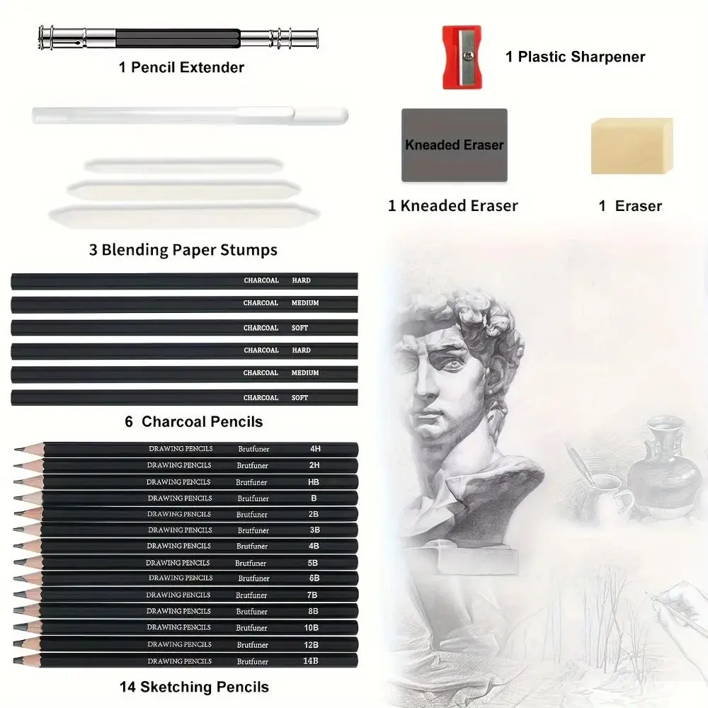 Sharpener,Eraser Drawing Kit Blending Tools Pencils Extender Sketching Pencils Set Shading Pen Bag Charcoal Pencils Art Supplies