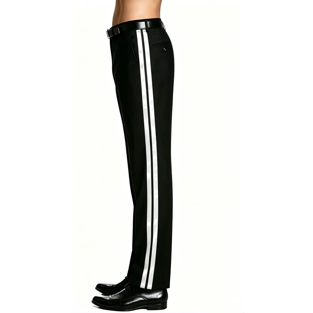 Double stripe Men's Tuxedo Dress Pants Flat Front Satin Band Trousers Suits pant Pinstripe Trouser