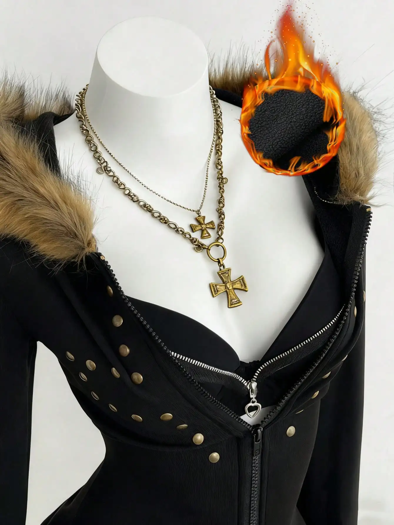 

Black Y2K Gothic Zip-Up Hoodie with Faux Fur Trim & Cross Chains, Winter Thermal Lined Streetwear Jacket