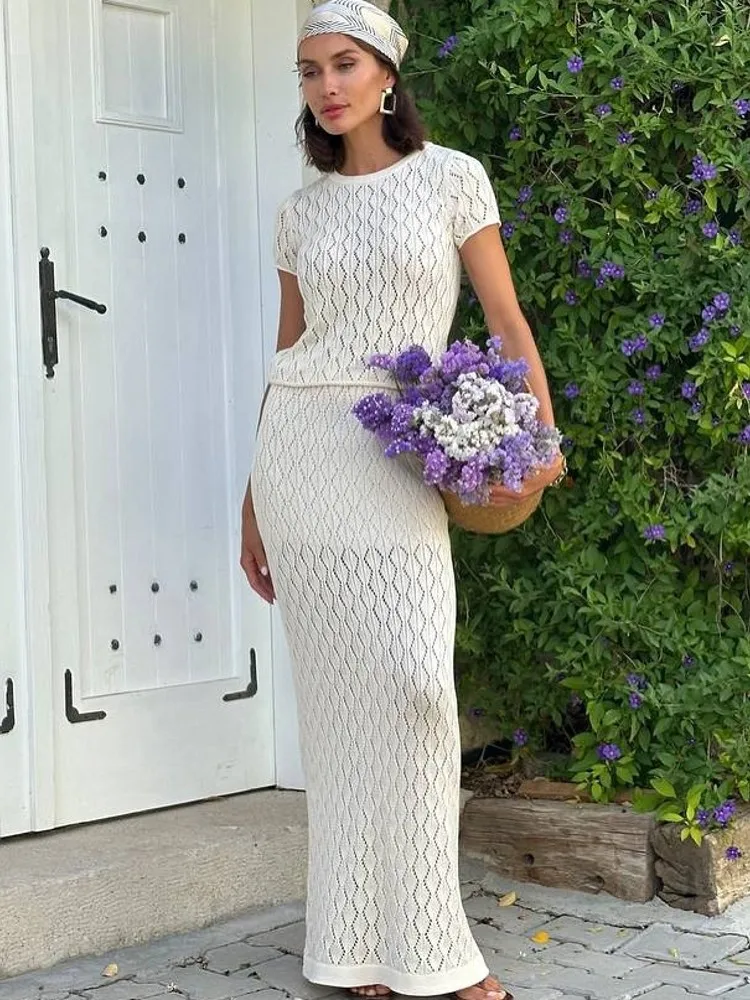 Women'S Summer Knited 2 Two Pieces Sets Suit Hollow Out Short Sleeve Pullover Sweater Tops And Maxi Skirt Beach Holiday