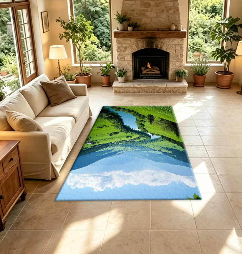 Green Valley River Country Carpet Floor Covering Fresh Mountain Country Natural Landscape Floor Carpet Suitable for Home Room Decoration