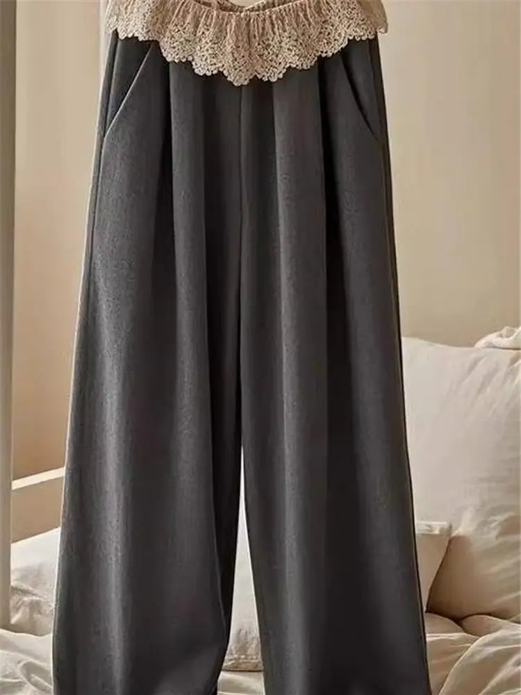 High Waist Loose Straight Leg Casual Pants Women's Lace Trim Splicing Slimming Casual Pants Fashionable Summer Polyester