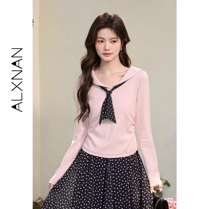 

Женская футболка с длинным рукавом ALXNAN, розовая футболка с темно-синим воротником и плиссированной талией, хлопковые повседневные элегантные облегающие топы с шарфом L61606