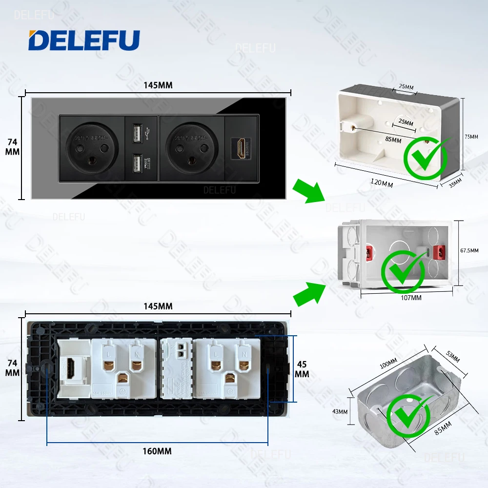 DELEFU Glass SC70 Panel 195mm Black Israeli Standard USB C-type Fast Charging Wall Socket Switch TV Phone CAT5 CAT6