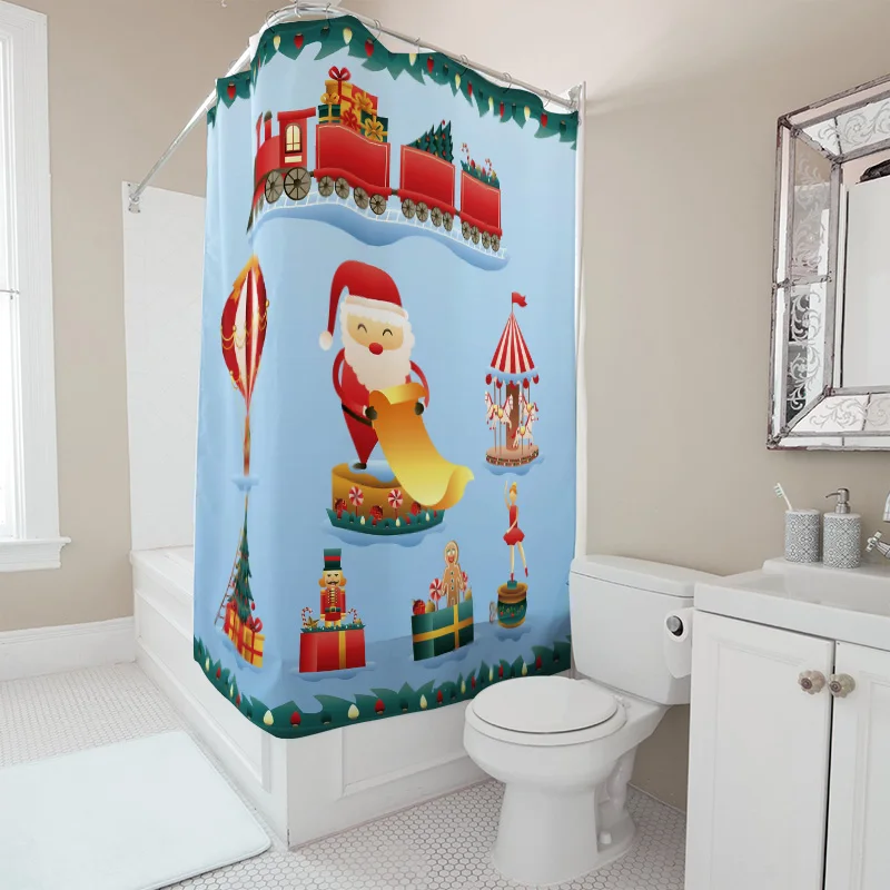 GAETU Christmas Shower Curtain Festive Holiday Bathroom Decor Reindeer Santa Claus Pattern Waterproof Fabric Washable Home Dec