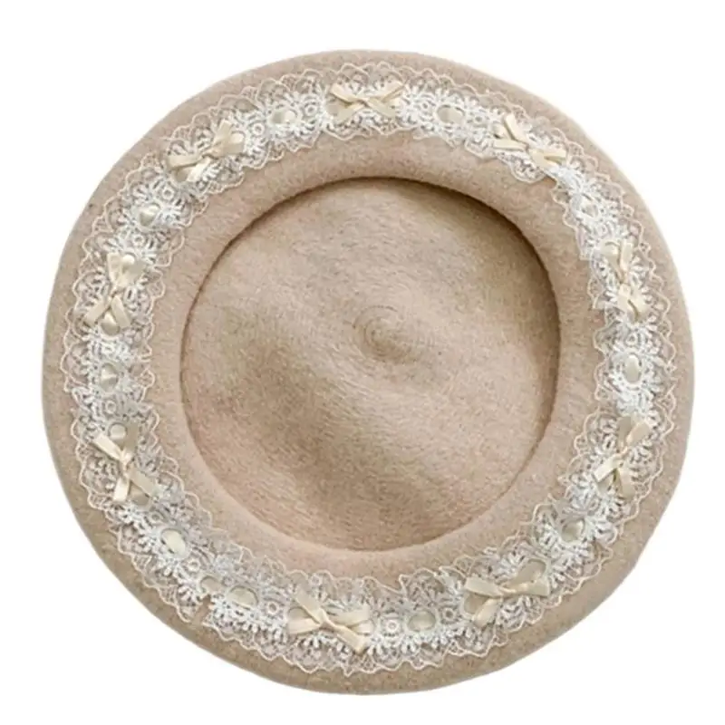 

A52E Lace Dark Cabbie Hat Bows Painter Hat Artist Hat Casual Wear Flat Hat