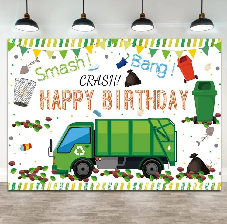 Garbage Truck Birthday Backdrop for Kids Recycle Bin Garbage Can Theme Party Banner Decorations Smash Crash Bang Background