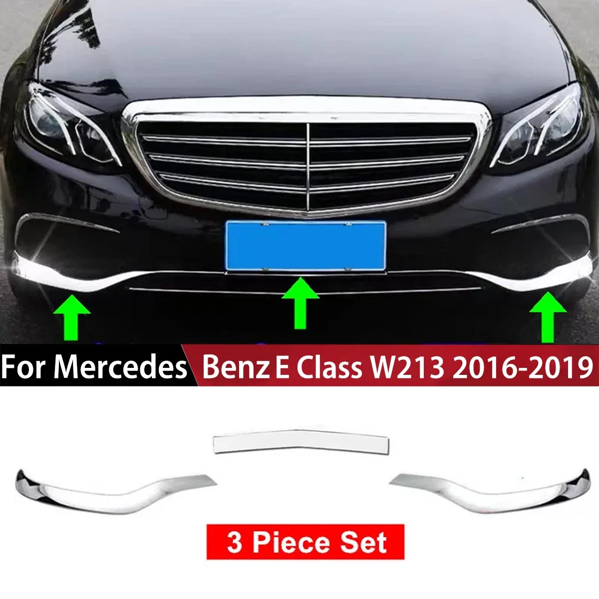 

For Mercedes Benz E Class W213 2016-2019 3 Piece Chrome ABS Car Front Bumper Plate Protective Cove Trim Exterior Accessories