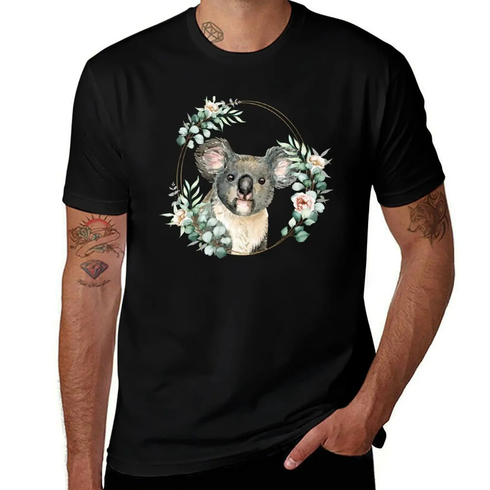 Koala Bear in a Floral Gold Wreath Frame T-Shirt Casual Trendy Short Sleeve T-Shirt
