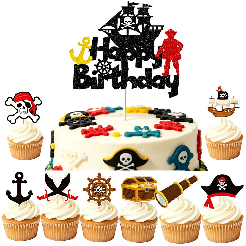 Pirate Party Birthday Cake Decor Happy Birthday Cake Topper Skull Ship Treasure Chest Cupcake Toppers Pirate Nautical Theme Deco