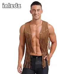 Mens Western Cowboy Tassel Rivets Vest Tops Faux Suede Open Front Fringe Waistcoat Jacket Halloween Rave Party Clubwear