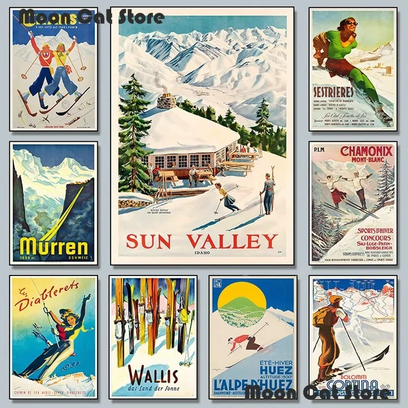 Winter Sport Switzerland Chamonix Mont Blanc Ski Poster Canvas Painting Retro Wall Art Pictures Room Shop Decor