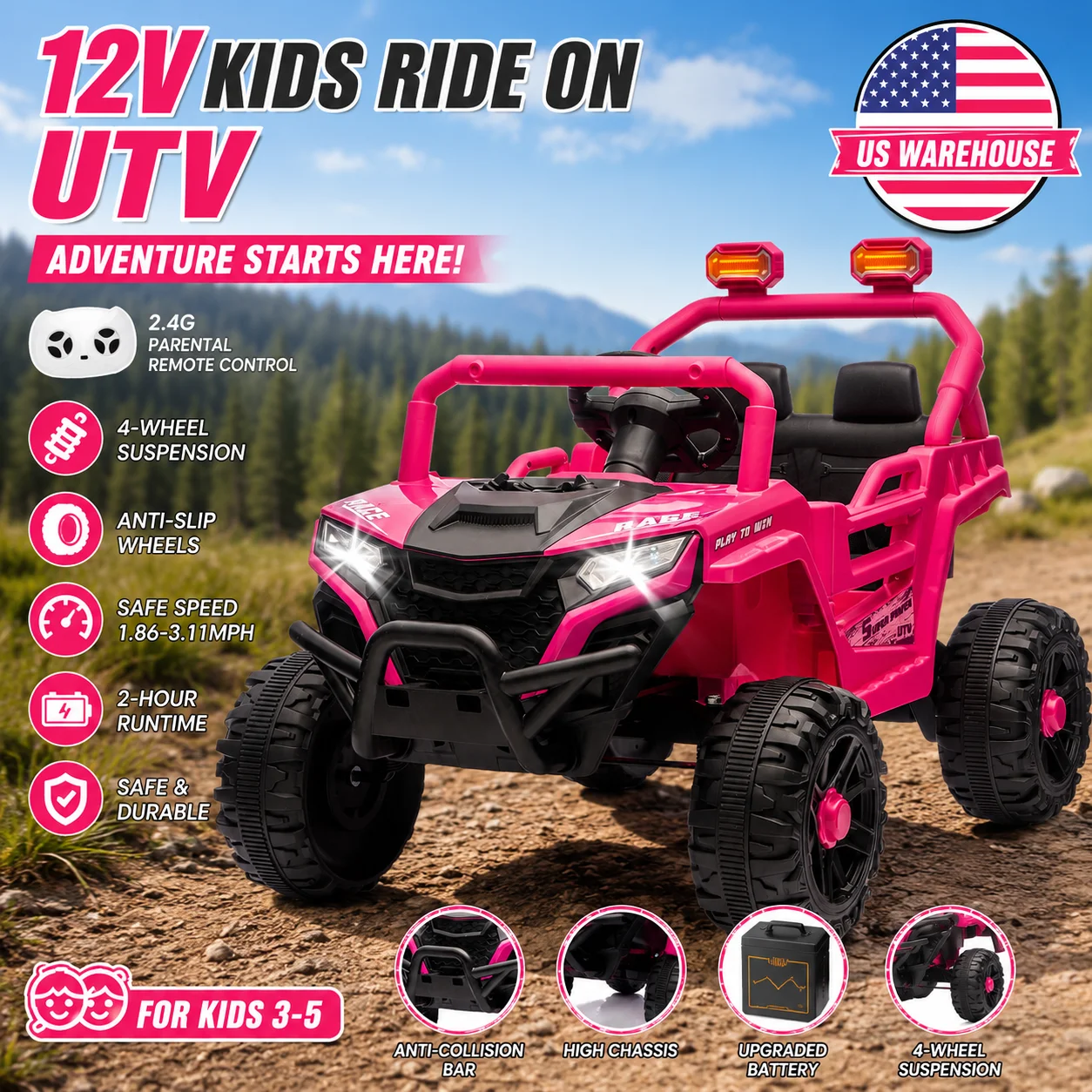 Outdoor Adventure Utv - 12V子供用電動UTV、2.4G 3速親用リモコン、デュアル25Wモーター、高床シャーシ、滑り止めホイール、衝突防止バー、四輪サスペンション、Bluetooth MP3音楽、青色2WDオフロードライドオンカー、3〜5歳児向け、アウトドアアドベンチャー