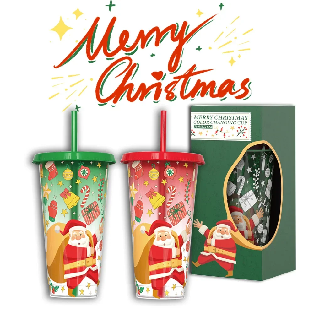 1-5Sets Christmas New Cold Feeling Colour Changing Mugs Large Capacity Father Christmas Two Piece Colour Changing Straw Mugs