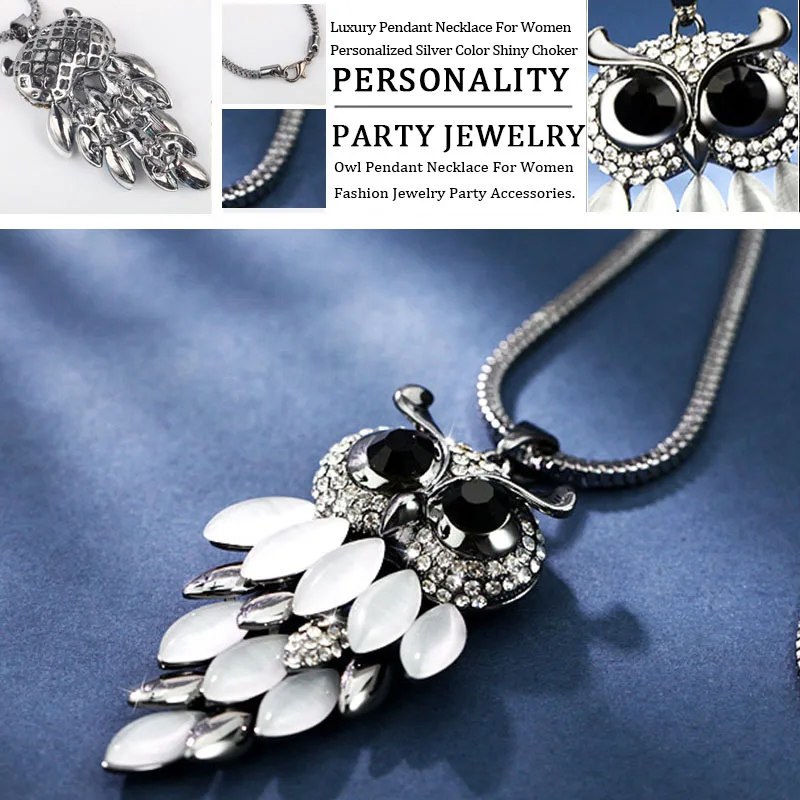 Retro Full Rhinestone Owl Necklace Pendant Women Fashion Geometric Long Necklace Chain Sweater Accessories Female Party Jewelry view 3