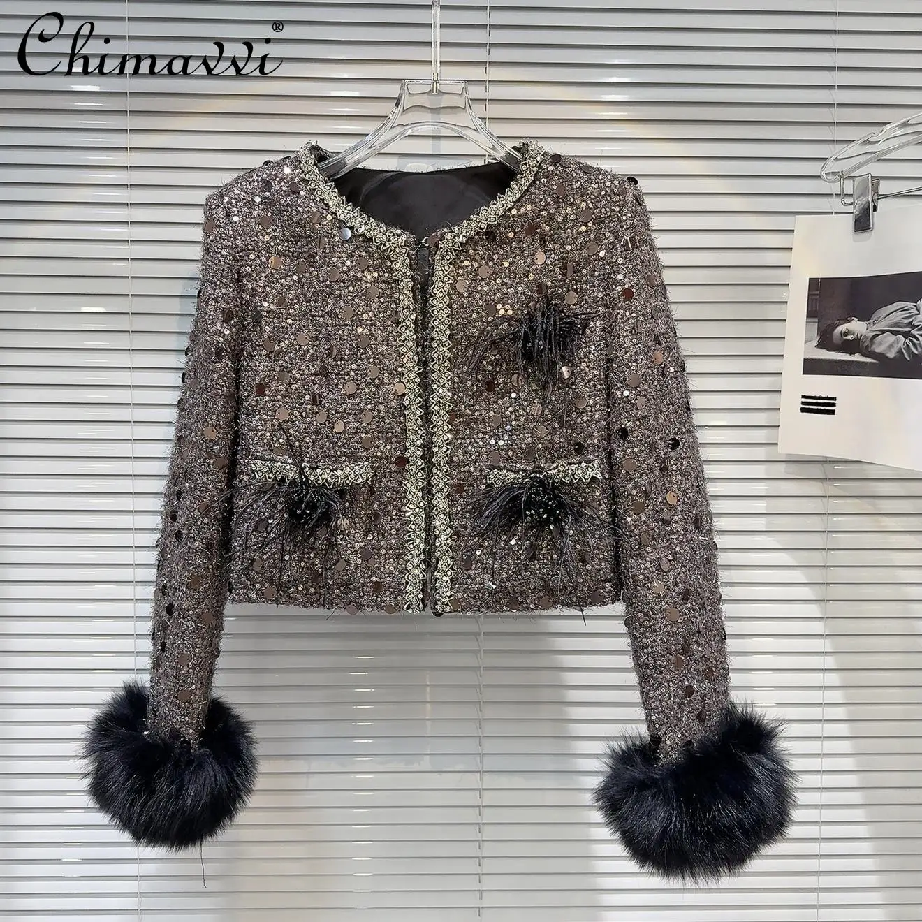 Winter New High-end Fashion Fox Fur Cuffs Drilled Tweed Jacket Light Luxury Long-sleeved Elegant Down Inner Short Coats Women