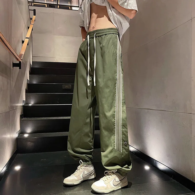 2024 New Casual Pants for Men's Summer Side Button Sports Pants Loose Quick Drying Ice Silk Fashion Hip Hop Leggings