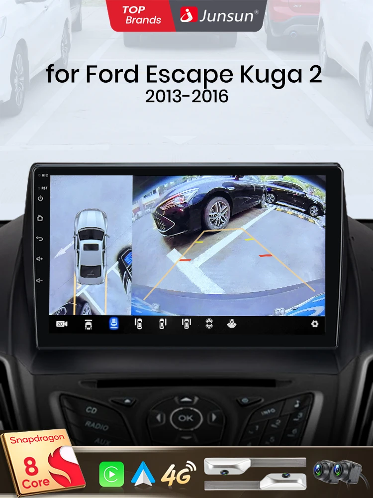 Junsun Qualcomm 8-Core 360 Camera Draadloze CarPlay Android Auto Autoradio voor Ford Escape Kuga 2 C-MAX 2013-2016 GPS - afbeelding 2