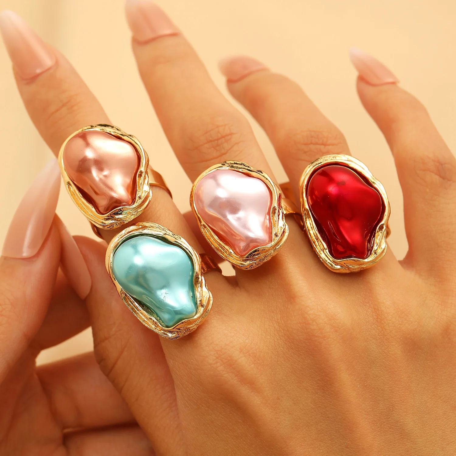 

Baroque Simulated Pearl Irregular Shape Open Adjustable Gold Plated Women Statement Jewelry Geometric Design Colorful Ring