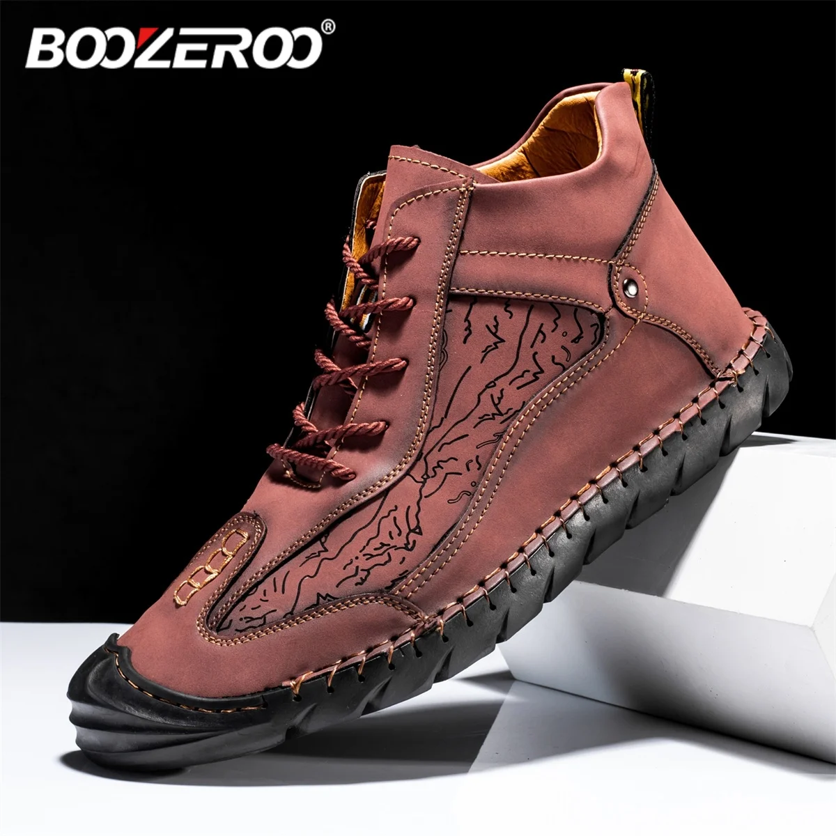 BOOZEROO-mocasines hechos a mano para hombre, zapatos informales de cuero suave, botas impermeables antideslizantes, a la moda