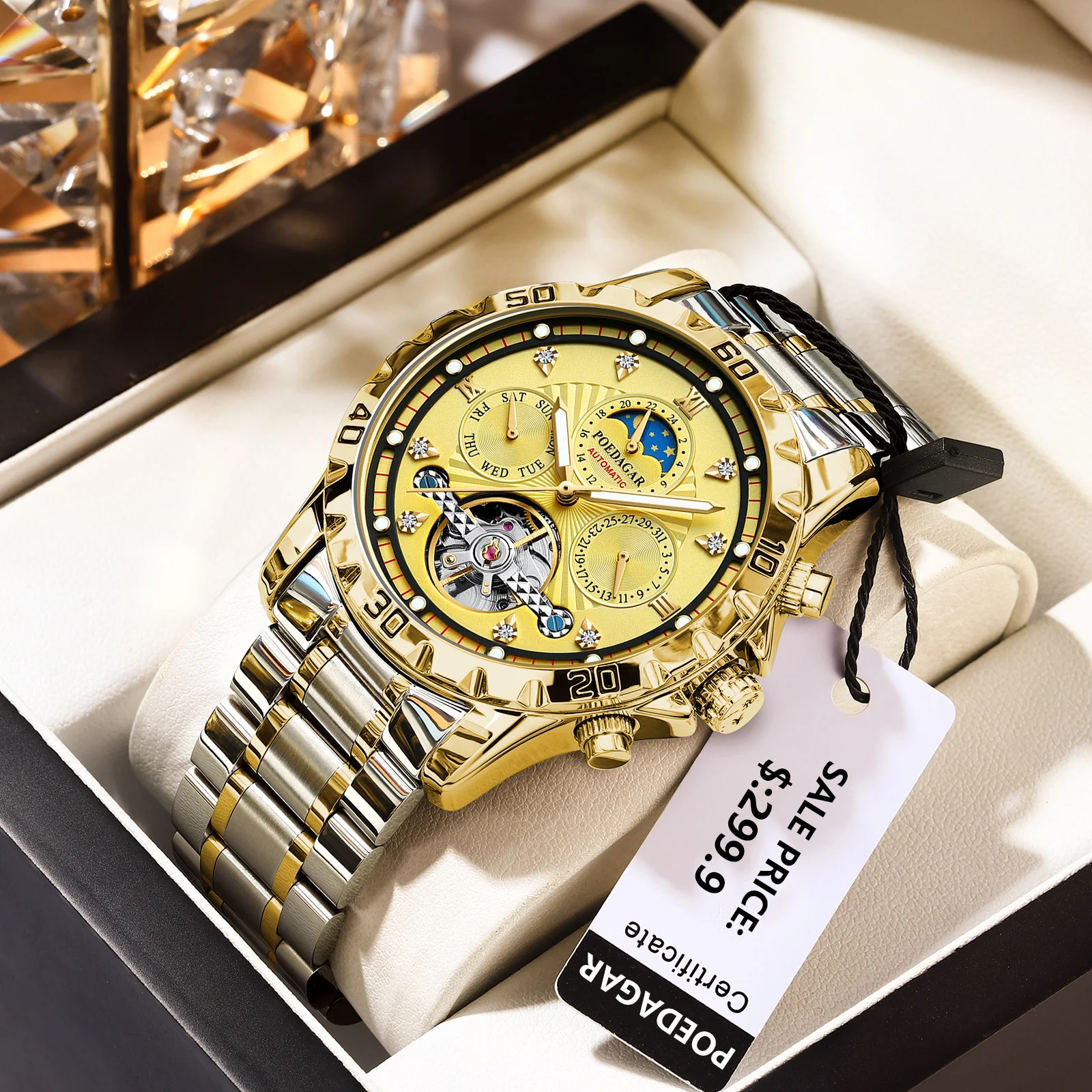 POEDAGAR الفاخرة الجوف توربيون الرجال الساعات للماء مضيئة التلقائية الميكانيكية ووتش تاريخ الأسبوع الفولاذ المقاوم للصدأ الرجال ووتش