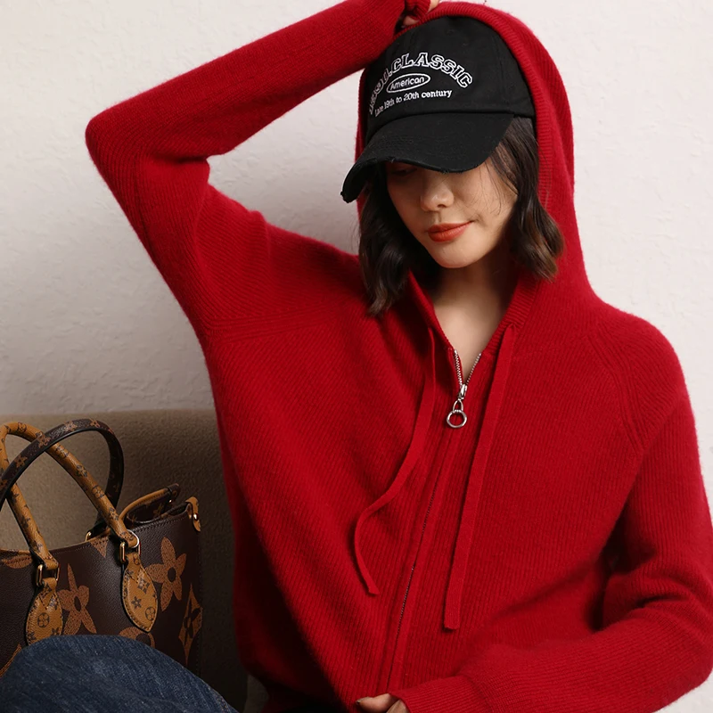 

Лидер продаж, женский 100% кашемировый каджерский свитер на молнии с капюшоном, осень-зима, повседневный, удобный, базовый стиль, теплый, мягкий, базовый трикотаж