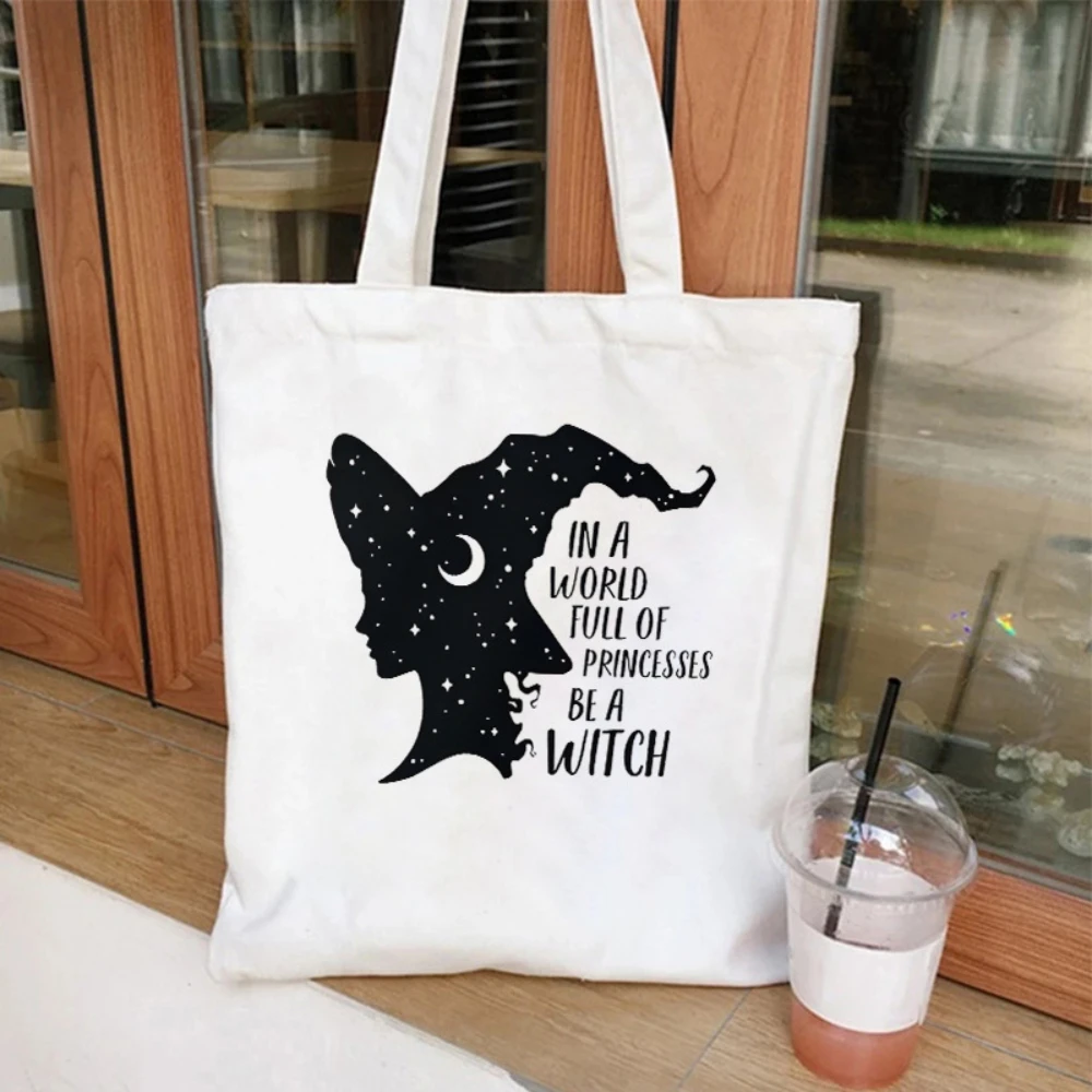

Starry Witch Silhouette Quote Print Canvas Tote Bag Daily Handbag For Halloween Events Grocery Runs