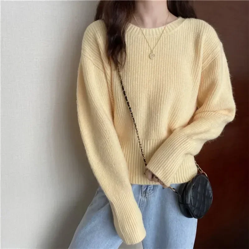 DAYIFUN O Neck Sweaters Women Solid Long Sleeved Knitwear Ladies Lazy Style Knitted Pullovers Vintage Jumpers Autumn Winter Tops