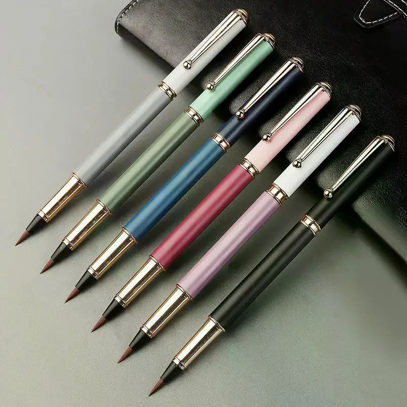 2Pcs Morandi Fountain Pen Calligraphy Brush Metal Soft Bristle Small Regular Calligraphy Brush (for Students' Drawing And Writin