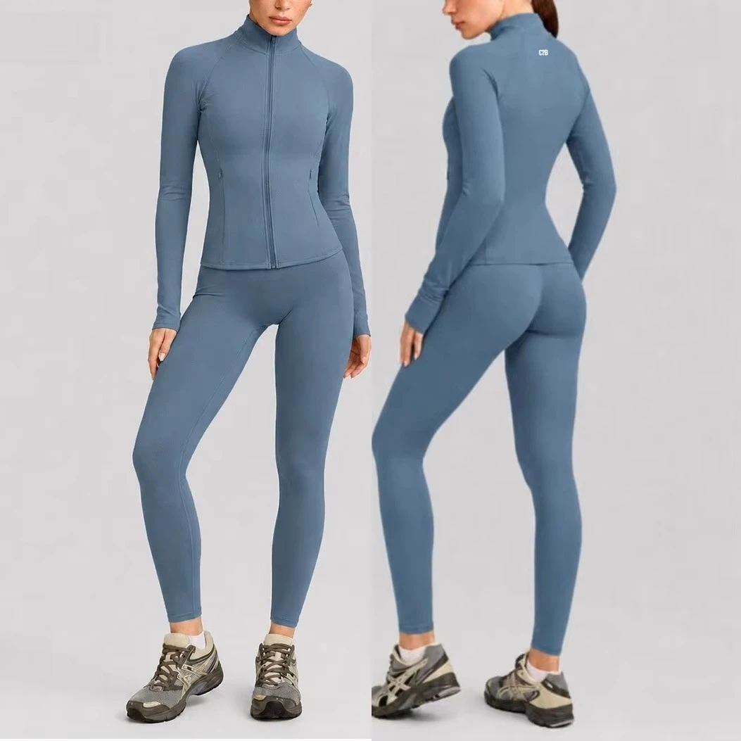 2026 C-B Women Yoga Outfit Full Zip Long Sleeve Sports Jacket High Waist Yoga Leggings Fitness Gym Workout Activewear Separates