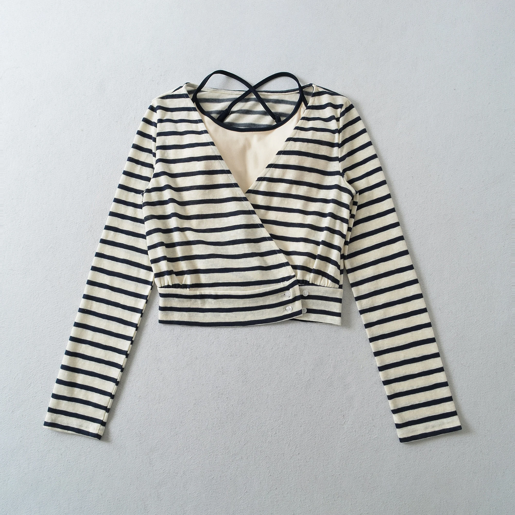 2 pieces 1 set Women Cross V neck Beige Black Stripes Long Sleeve T-shirt and O neck Chest With Pad Camis Camisole Top Twin Sets