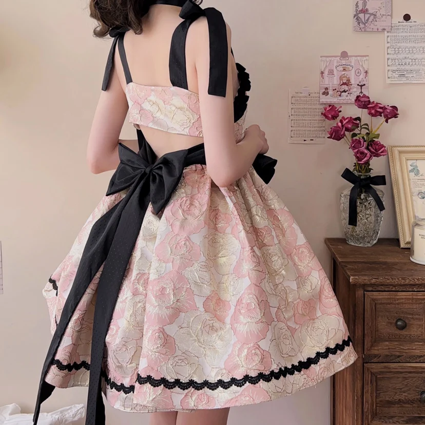 Sweet Lolita Victorian Jsk Dress Girls Vintage Elegance Rose Jacquard Sex Bow Backless Princess Party Dresses Japanese Fashion