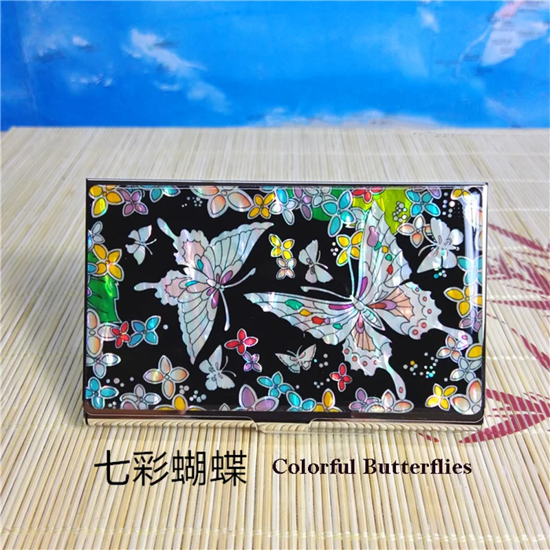 

Mother of Pearl Business Card Case Name Id Credit Card Holder Cash Metal Stainless Steel Engraved Slim Money WalletWith Keychain