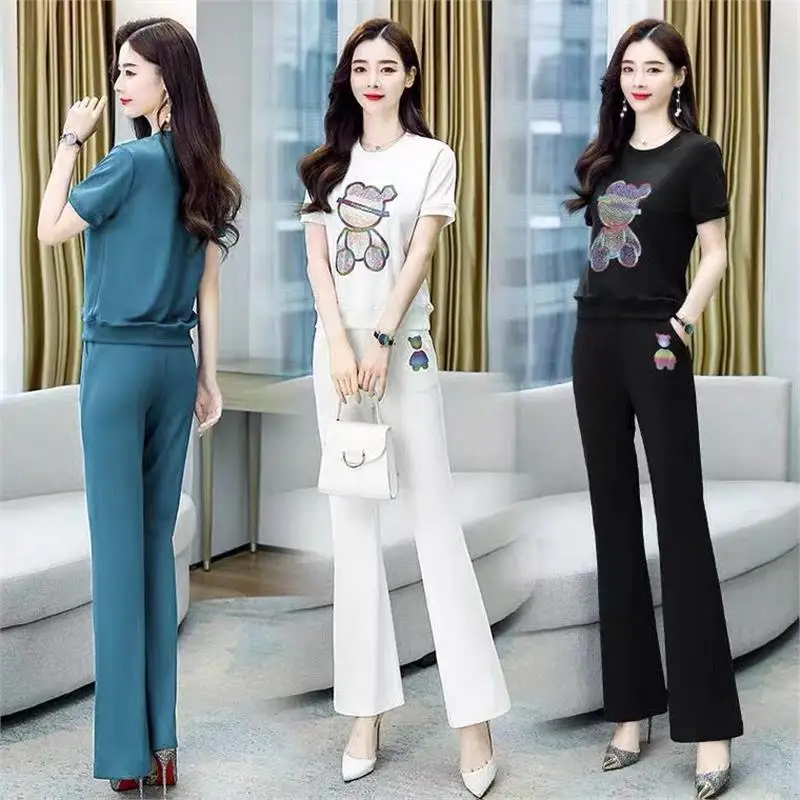 

Модный спортивный костюм для женщин: летний, тонкий, с коротким рукавом, для бега, повседневный, с круглым вырезом, комплект из двух предметов, омолаживающий образ